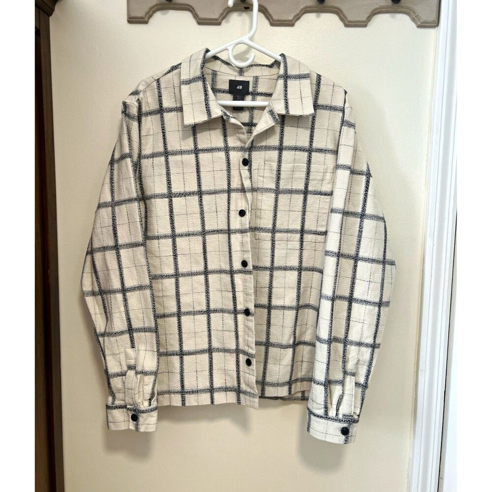H&M Men’s Large Cream Black Windowpane Plaid Textured Shirt Jacket Overshirt